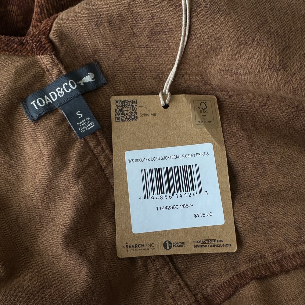 New Toad&Co Scouter Cord Shorterall Paisley Print Brown Organic Cotton Size S - Picture 7 of 10